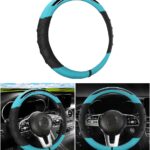Microfibre Faux Leather Steering Wheel Cover, Universal Car Steering Wheel Cover, Made of Faux Leather, Universal, Sweat-Absorbing, Breathable Car Steering Wheel Covers (Black Cyan)