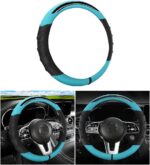 Microfibre Faux Leather Steering Wheel Cover, Universal Car Steering Wheel Cover, Made of Faux Leather, Universal, Sweat-Absorbing, Breathable Car Steering Wheel Covers (Black Cyan)