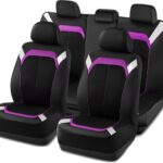 Car Seat Cover – Silver & Purple Leather with Breathable Mesh Seat Cover for Cars, Stylish Two-Tone Leather Full Set Seat Covers, Universal Fit, Durable for SUV, Truck, Sedan, Vehicles