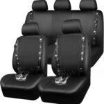 Leather Bling Diamond Car Seat Covers Full Set, Shining Rhinestone Waterproof Durable Rear with Zipper, Universal Fit Automotive Glitter Crystal Sparkle Strip for Cute Women Girly Black