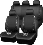 Leather Bling Diamond Car Seat Covers Full Set, Shining Rhinestone Waterproof Durable Rear with Zipper, Universal Fit Automotive Glitter Crystal Sparkle Strip for Cute Women Girly Black